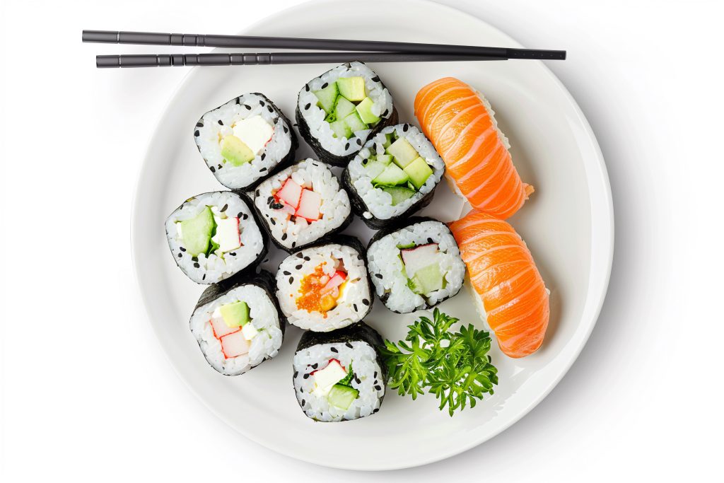 Assorted Sushi Platter with Chopsticks.