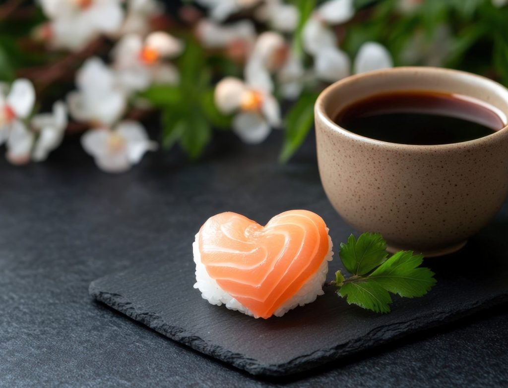 An artfully crafted sushi maki roll in the shape of a love heart, resting on a dark slate board with soy sauce.