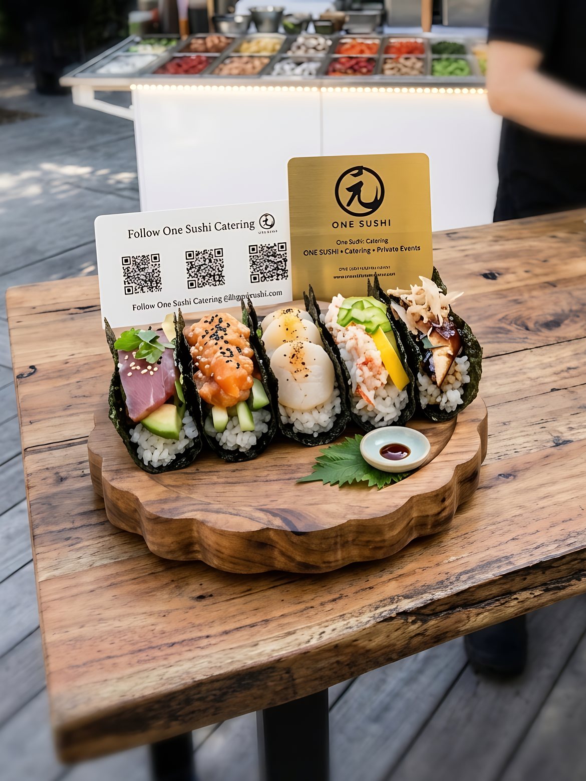 Hand roll bar catering setup by One Sushi