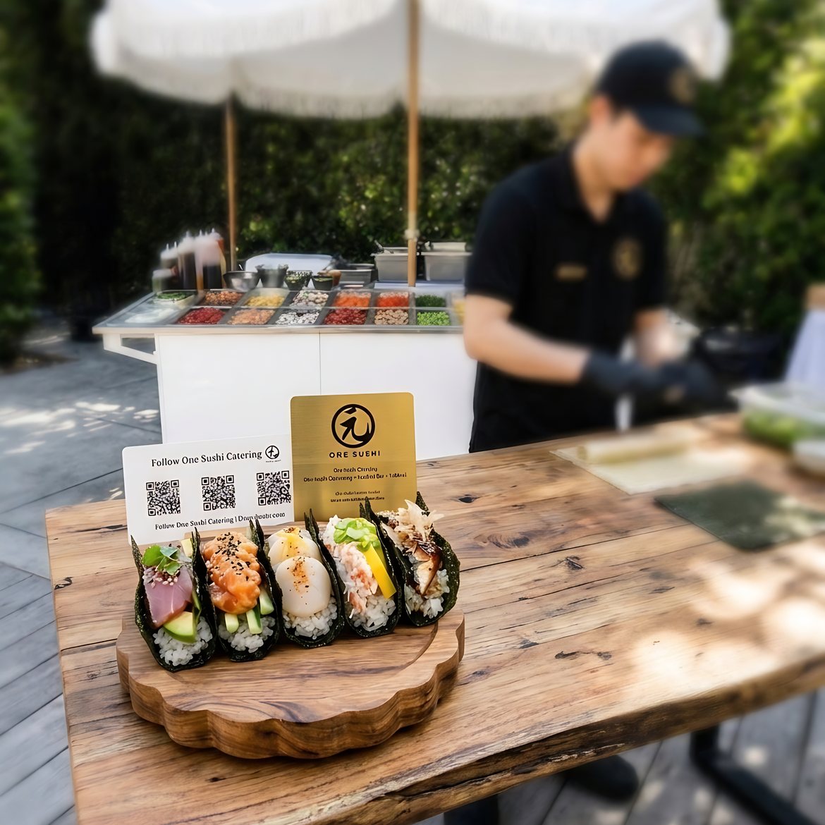 One Sushi chef rolling hand rolls at an outdoor event