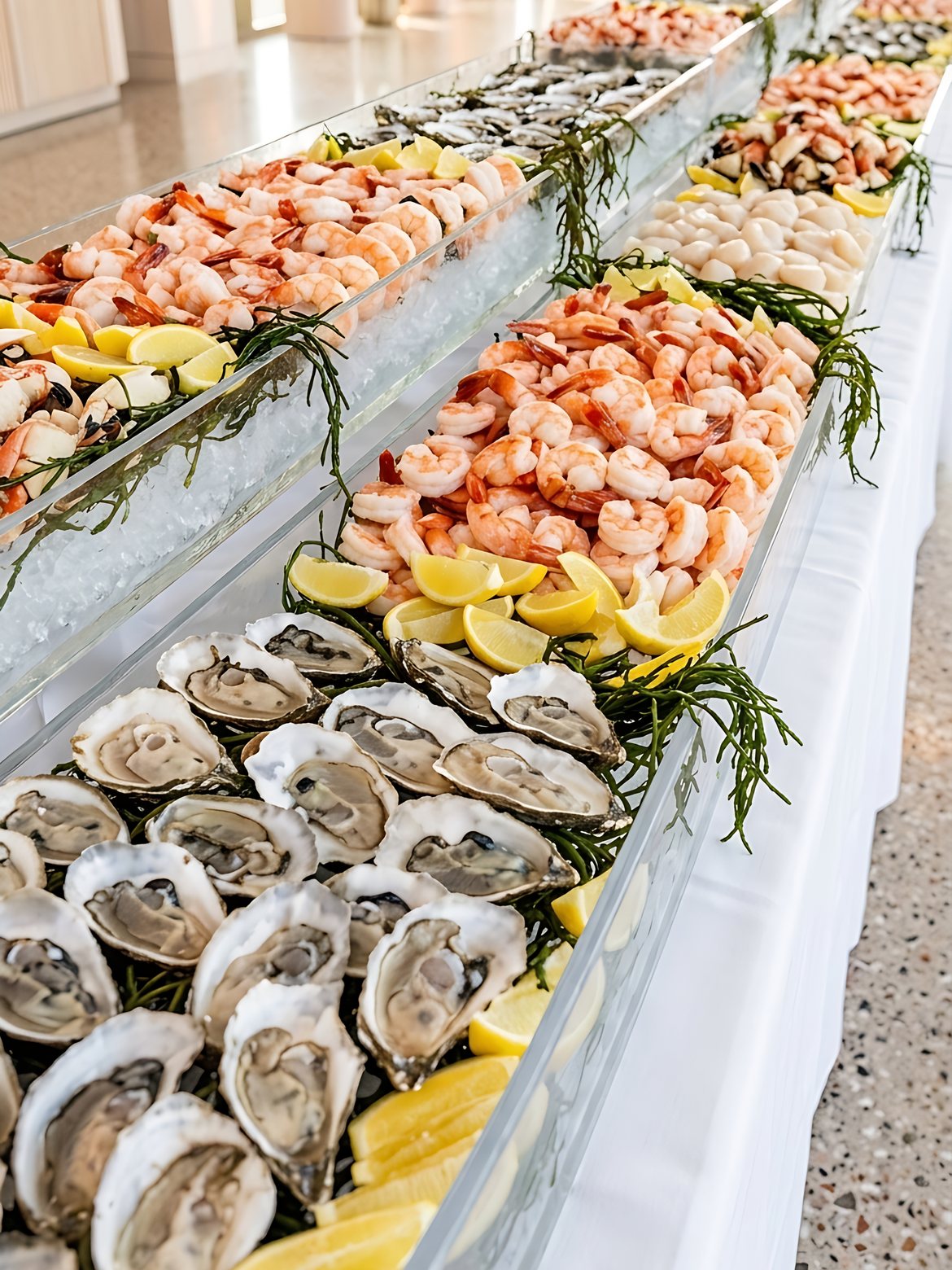 Oysters, shrimp and lemons on ice in a long seafood display