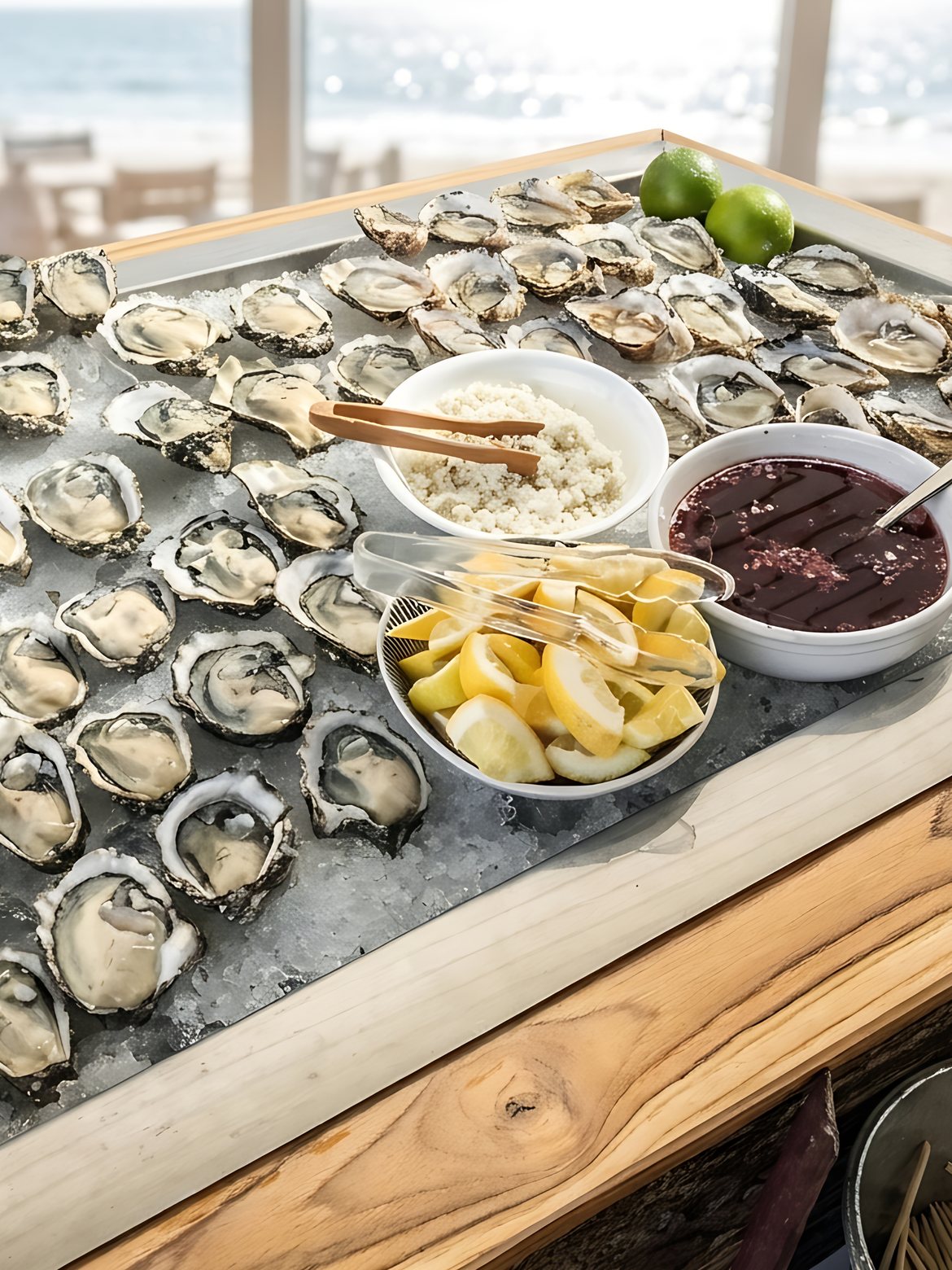 Freshly shucked oysters on ice with mignonette and lemons