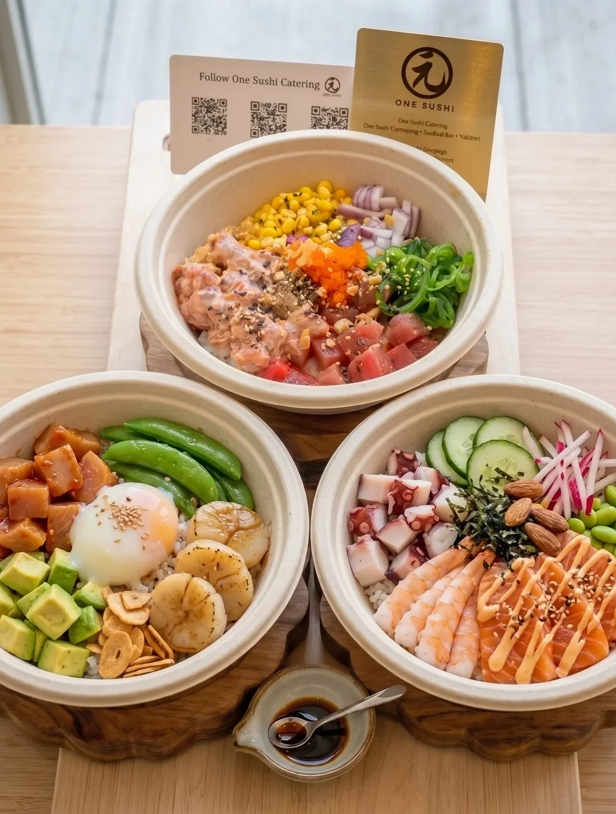 Three colorful poke bowls with salmon, tuna and fresh toppings