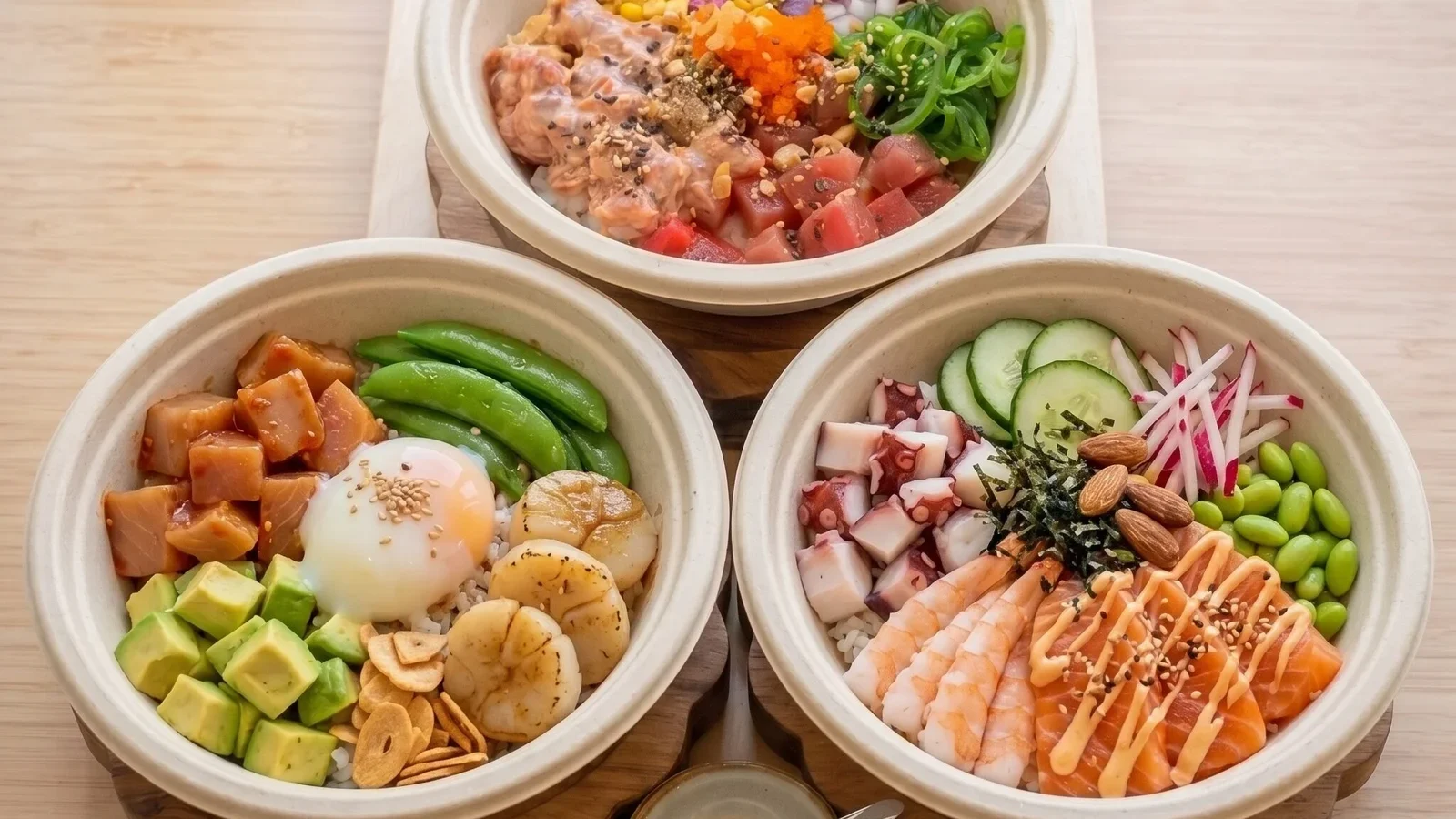 Three colorful poke bowls with salmon, tuna and fresh toppings