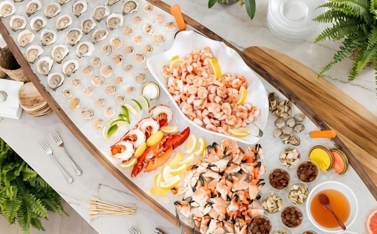 Overhead view of a seafood boat with oysters, shrimp, crab claws and lobster