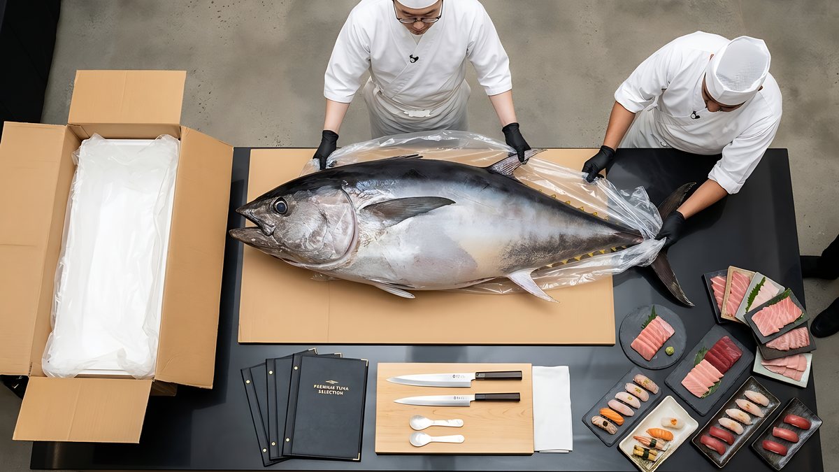 Chefs unwrapping a whole bluefin tuna beside sashimi and sushi platters
