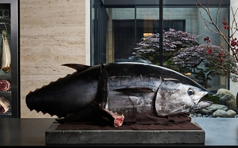 Whole bluefin tuna displayed for a One Sushi tuna cutting show