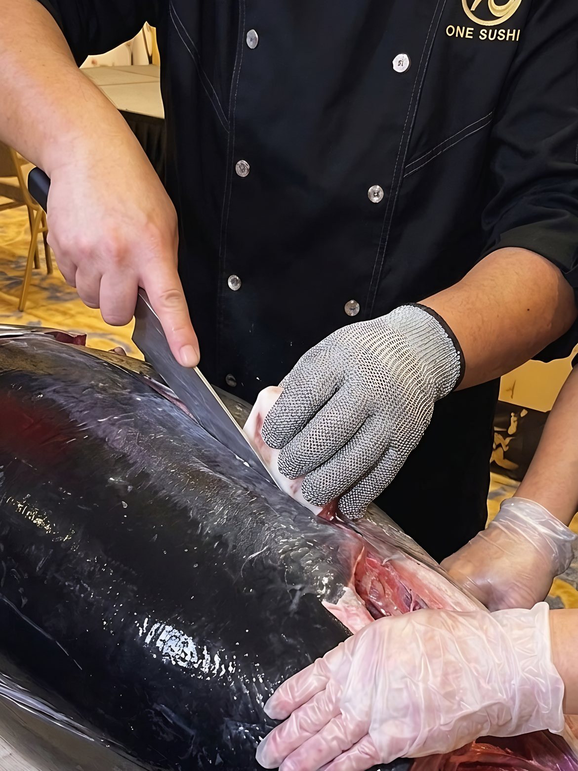 One Sushi chef cutting into a whole bluefin tuna