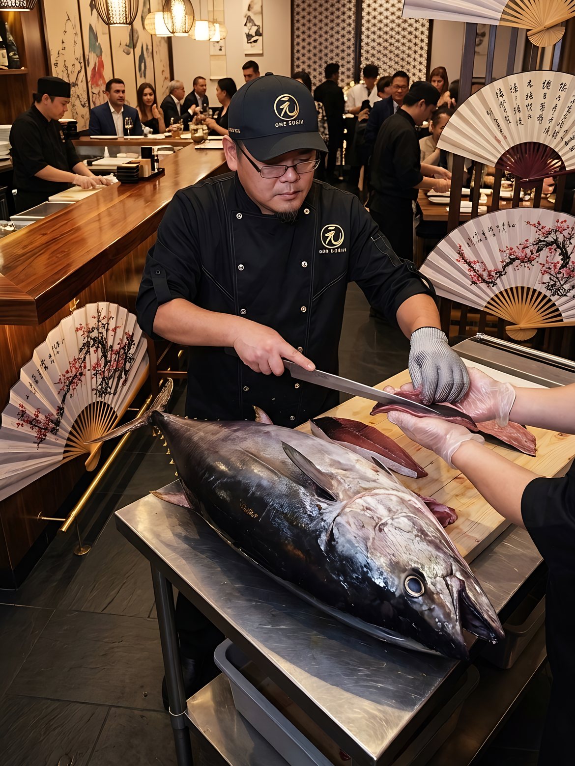 Chef carving a whole tuna in front of restaurant guests during a tuna cutting show