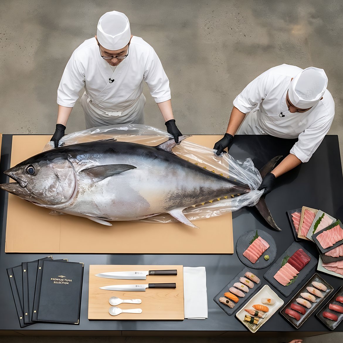 Overhead view of a whole tuna, knives and sashimi platters set up for a tuna cutting show