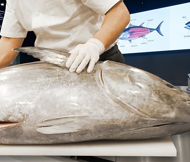 Chef presenting a whole bluefin tuna at a live tuna cutting show