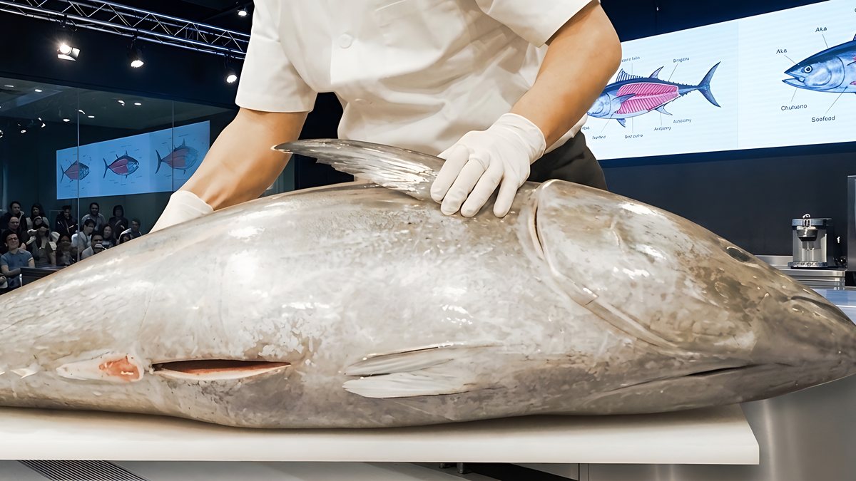 Chef presenting a whole bluefin tuna to an audience at a tuna cutting show